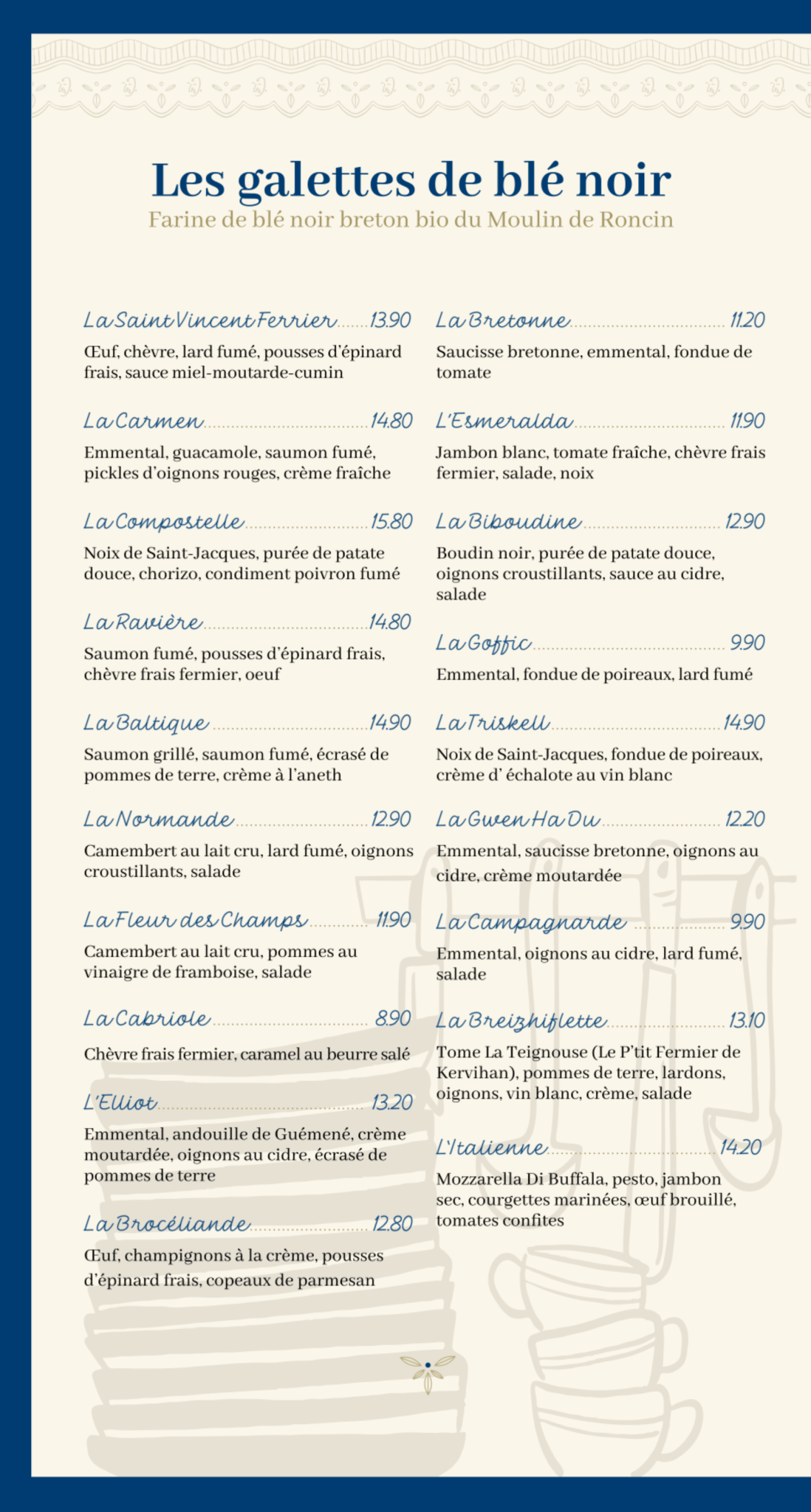 Menu des galettes salées bretonnes – crêperie Les Joséphine à Vannes