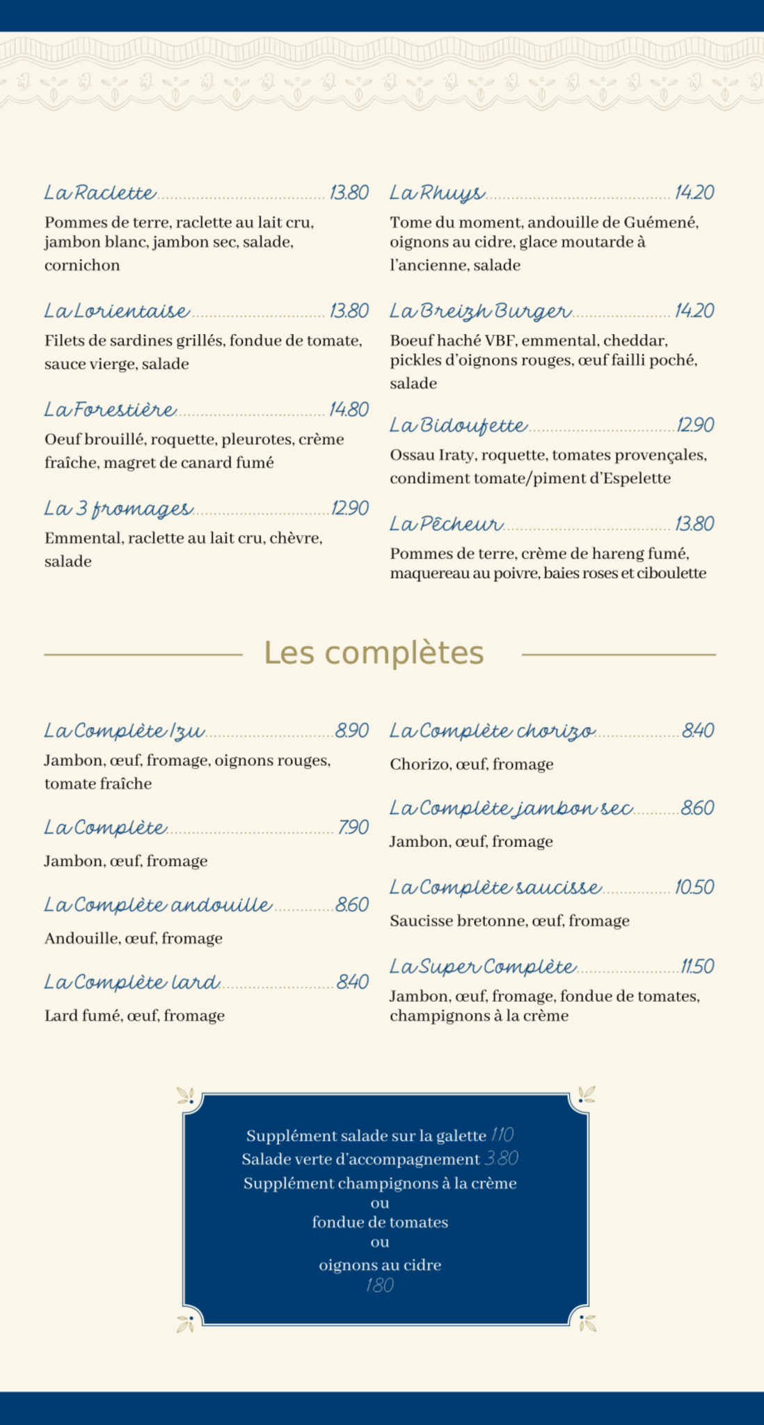Carte des galettes spéciales et recettes du chef – restaurant Les Joséphine Vannes