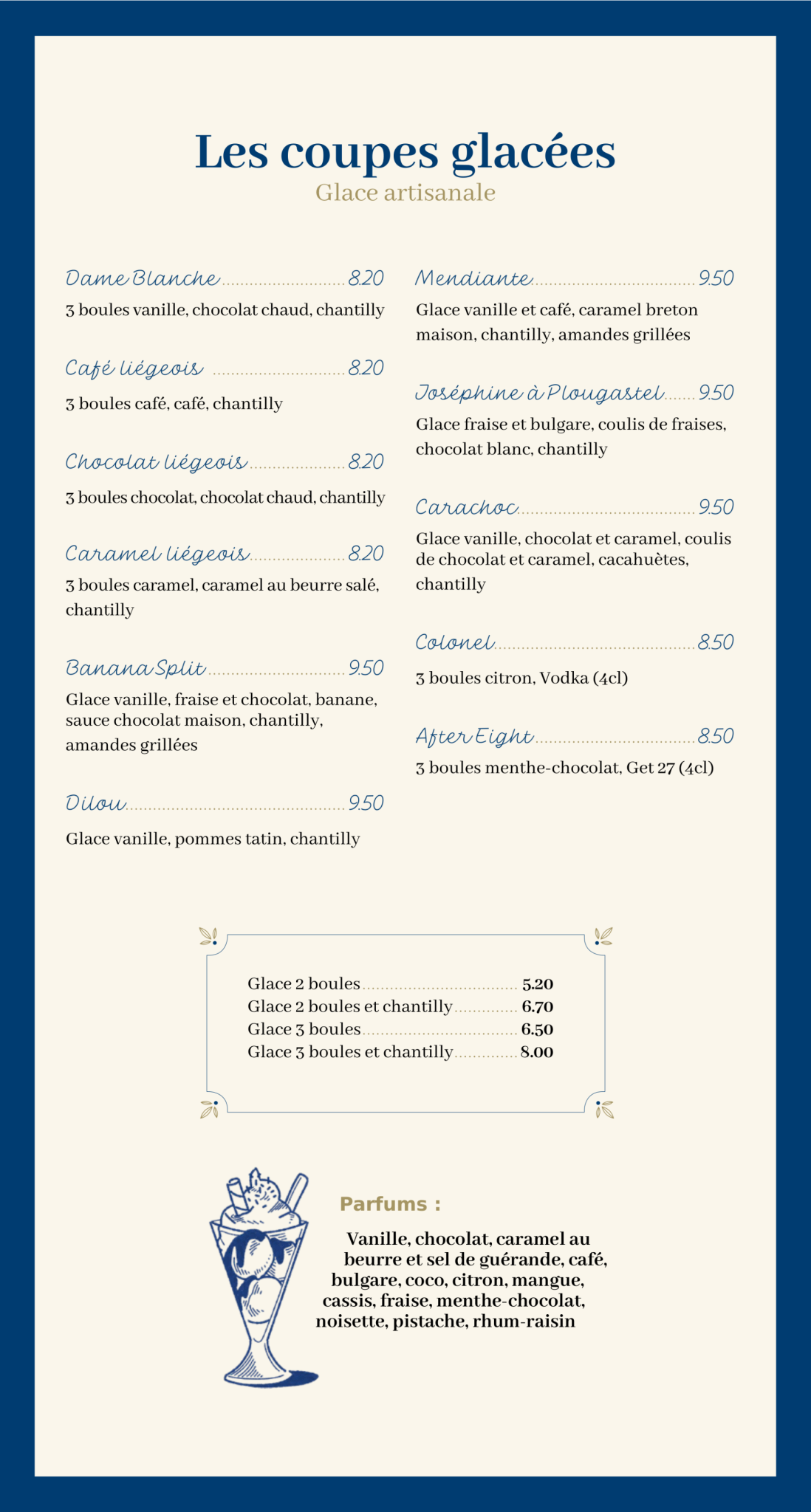 Menu des glaces et desserts maison – restaurant